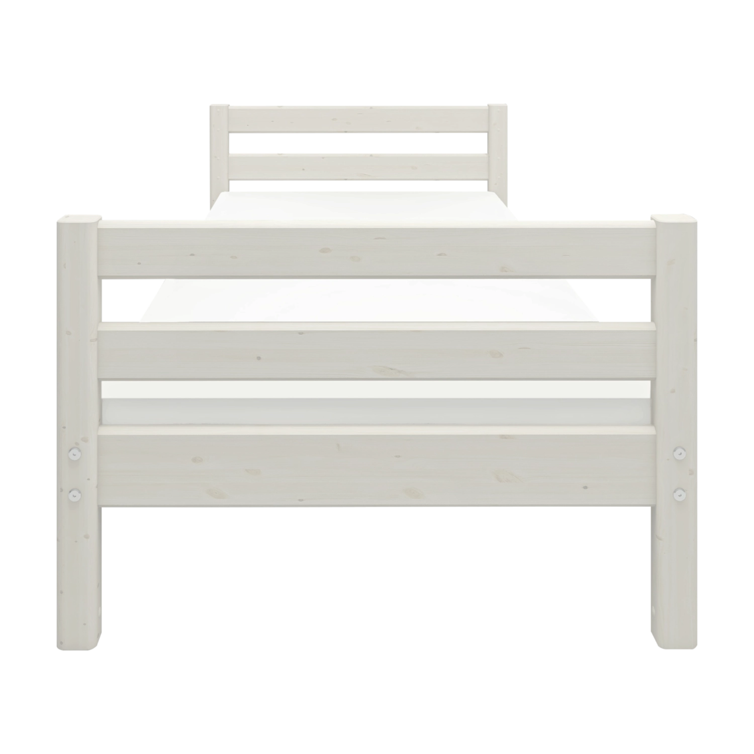 Cama individual blanca FLEXA, de estilo escandinavo, con somier de láminas integrado, diseño apto para niños en un dormitorio infantil.