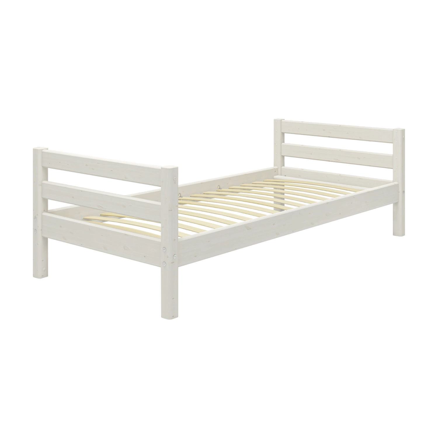 Cama individual FLEXA de la colección WHITE, estructura de madera blanca con cabecero, bordes redondeados para mayor seguridad de los niños, en la habitación infantil.