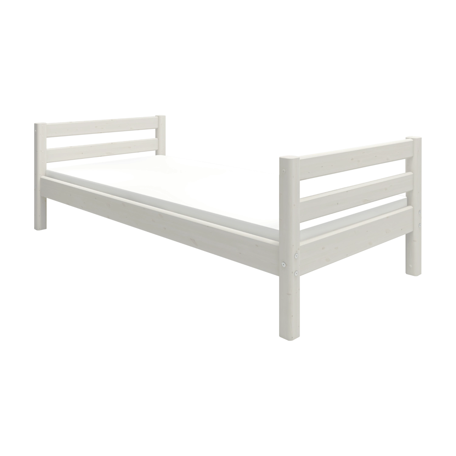Cama individual FLEXA, BLANCA, de una gama ESCANDINAVA con cabecero de listones; diseño seguro para niños, ideal para la habitación infantil.