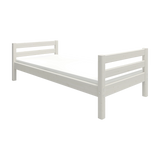 Cama individual FLEXA, BLANCA, de una gama ESCANDINAVA con cabecero de listones; diseño seguro para niños, ideal para la habitación infantil.