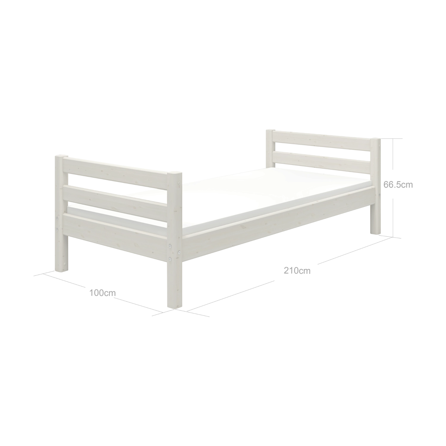 Cama individual FLEXA de la colección CLASSIC, de madera blanca, con somier de listones a la vista y bordes redondeados para la seguridad de los niños, ideal para una habitación infantil de estilo minimalista.