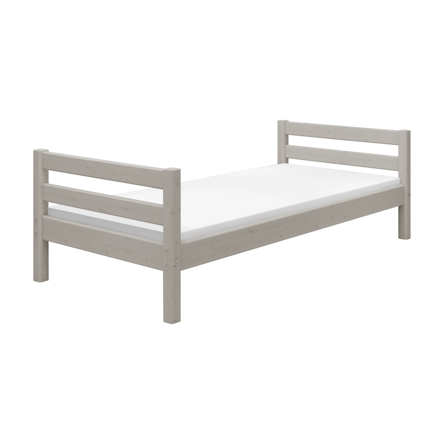 Cama individual FLEXA de la gama CLASSIC, en color gris, con listones horizontales y diseño seguro para los niños, ideal para una habitación infantil.