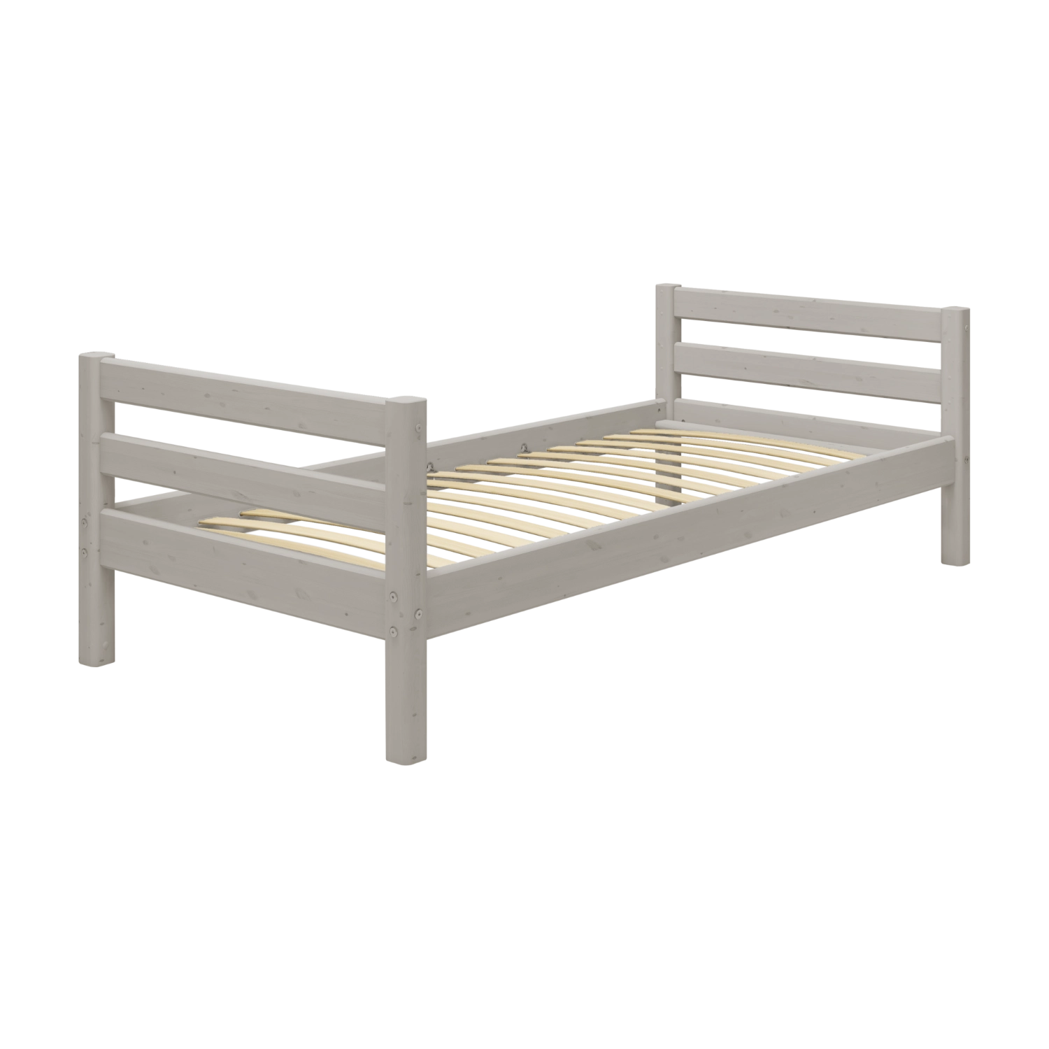 Cama individual FLEXA, gama CLASSIC, acabado en gris, somier de listones; bordes seguros para los niños; ideal para una habitación infantil; fondo blanco.