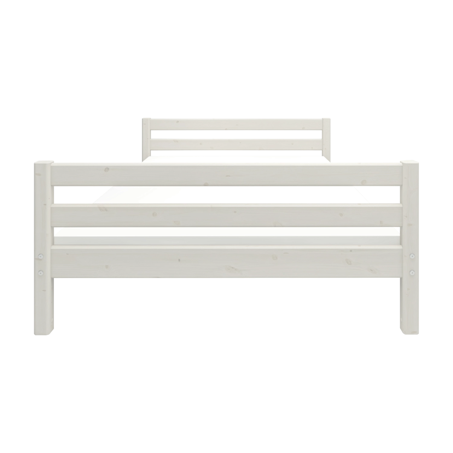 Cama individual FLEXA de la colección WHITE, 140 x 200 cm, de pino blanco con cabecero y piecero de listones, vista de frente.