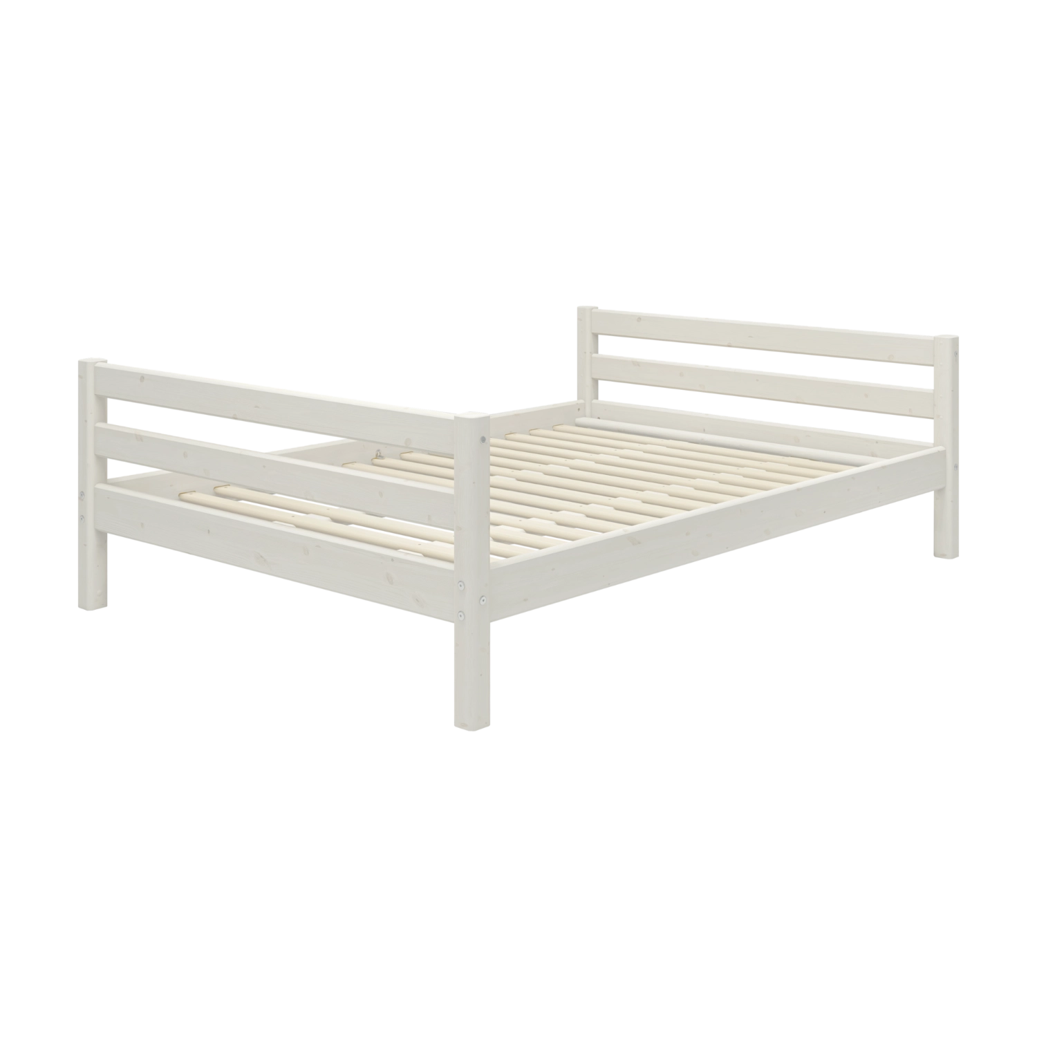 Cama individual FLEXA de pino macizo blanco, 140 x 200 cm, con somier modular de listones, bordes seguros para los niños, fondo de estudio.