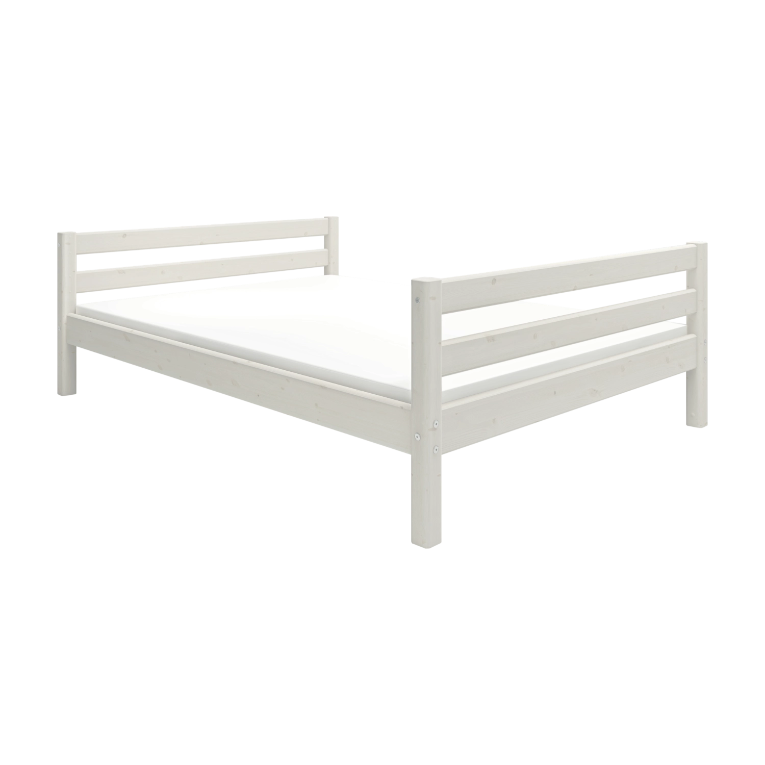 Cama individual blanca FLEXA, 140 x 200 cm, con cabecero y piecero de listones horizontales, sobre fondo liso.