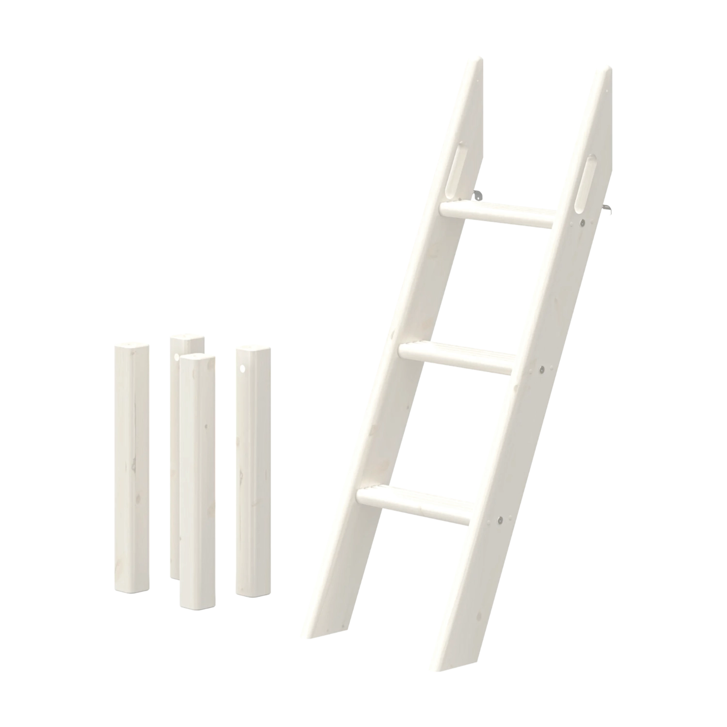 Escalera inclinada FLEXA WHITE para cama alta, 120 cm, 3 peldaños, 4 soportes laterales; diseño seguro para niños, ideal para la habitación infantil.