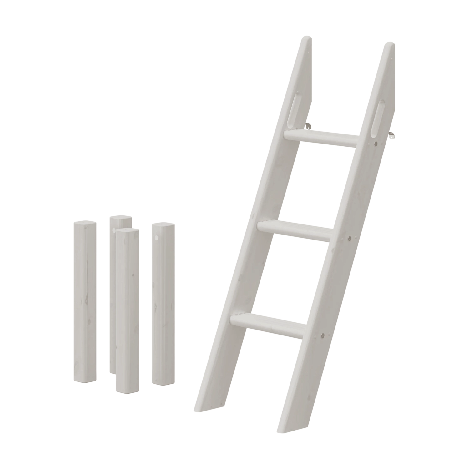 Escalera inclinada para cama alta FLEXA GREY con tres peldaños, cuatro soportes y bordes seguros para los niños, ideal para habitaciones infantiles.
