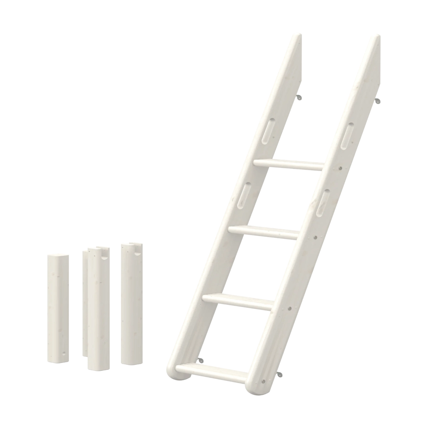 Escalera inclinada FLEXA, colección CLASSIC, madera blanca, cuatro peldaños y tres cilindros de extensión para la seguridad de las literas.