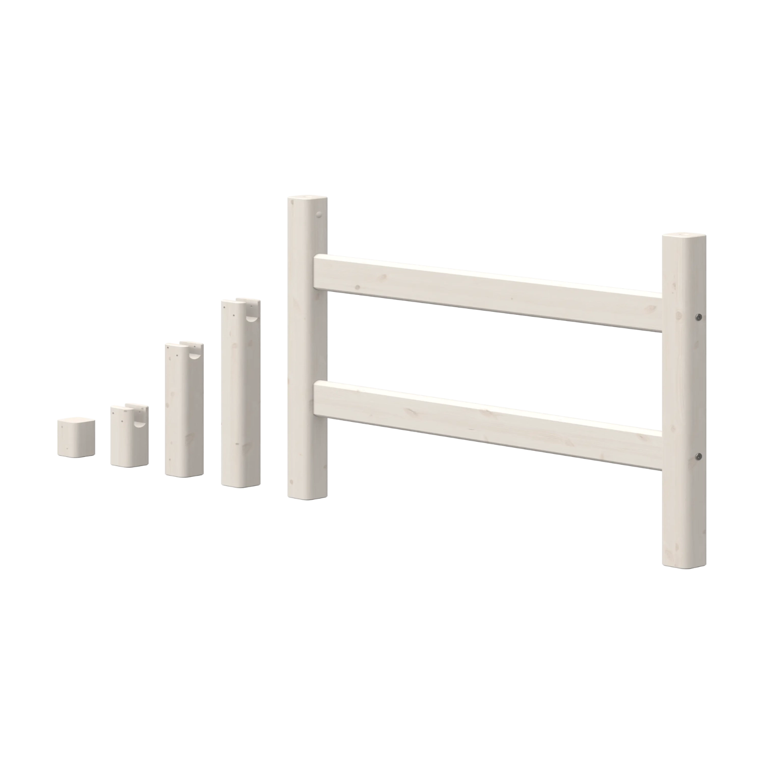 Lot de cinq pieds de lit FLEXA blancs, collection HIGH, conception sécurisée pour les enfants, destinés à une chambre denfant, présentés sur un fond blanc uni.