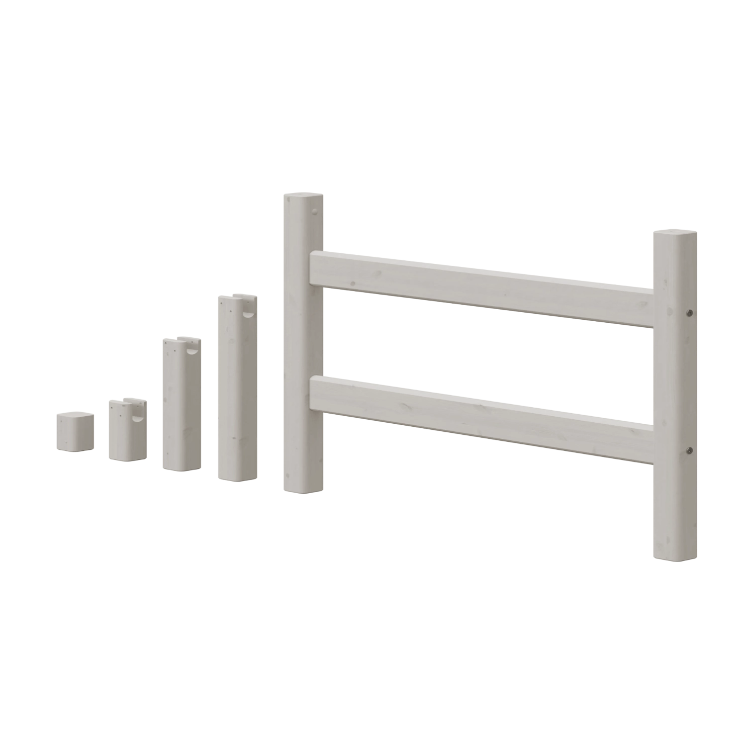 Patas de cama FLEXA en color gris (143 cm) con diseño visible de seguridad para niños, junto a una barandilla de madera de pino blanco; adecuadas para habitaciones infantiles.