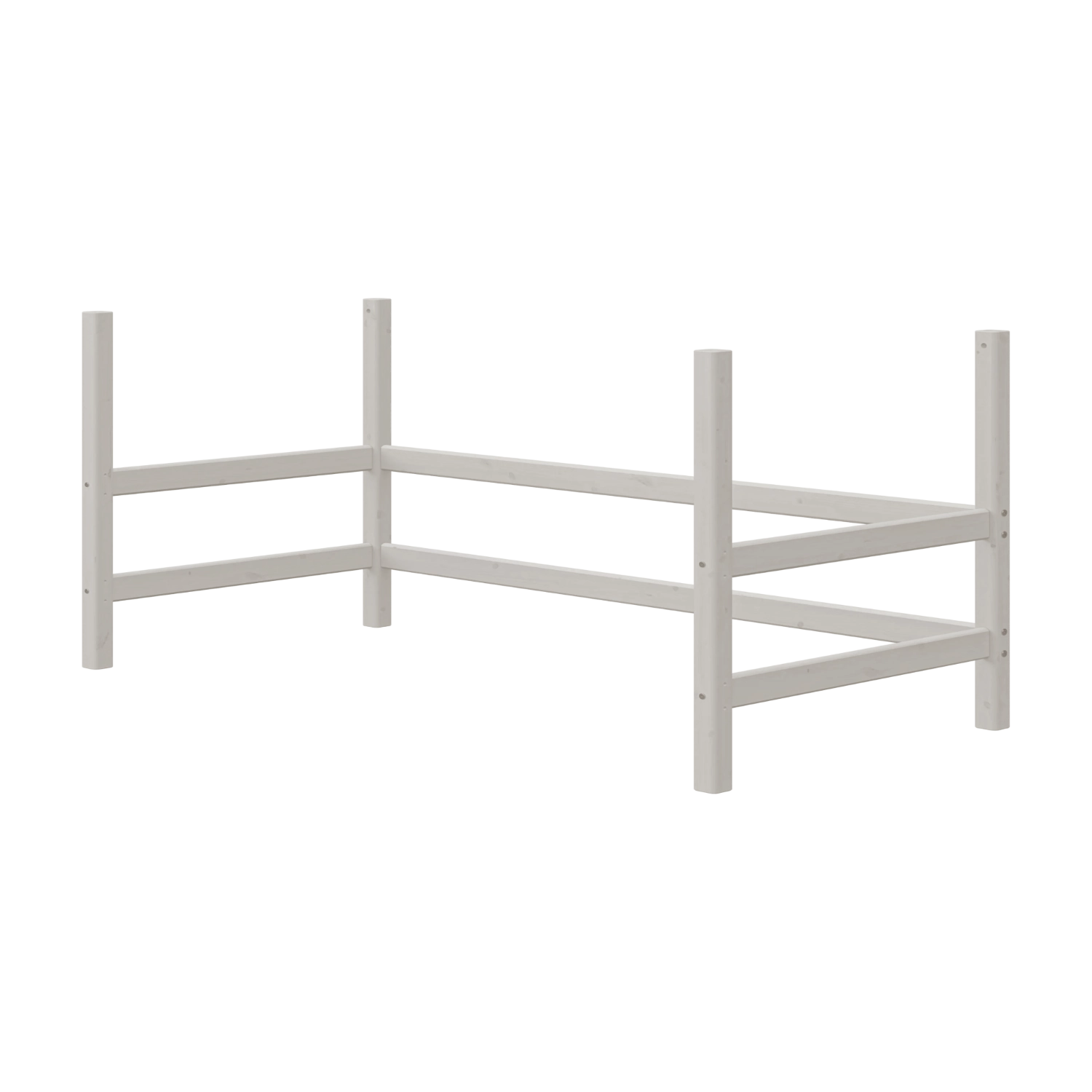 FLEXA HIGH bed legs in grey from CLASSIC collection, four tall posts shown, child-safe edges, no mattress displayed.