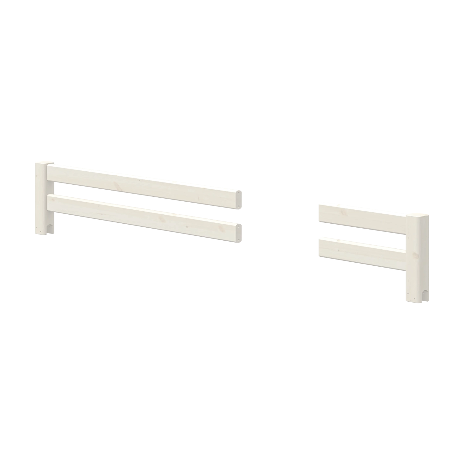 Barandillas de seguridad FLEXA de la colección WHITE, acabado en blanco, diseño de dos barras, bordes seguros para los niños, mostradas sobre un fondo claro.