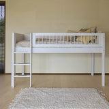 Cama alta 120 cm con escalera y barrera de seguridad, 90x200 cm, Blanco