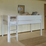 Cama alta 120 cm con escalera y barrera de seguridad, 90x200 cm, Blanco