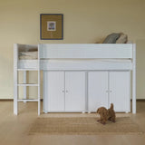 Cama alta 120 cm con escalera y barrera de seguridad, 90x200 cm, Blanco