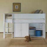 Cama alta 120 cm con escalera y barrera de seguridad, 90x200 cm, Blanco
