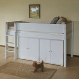 Cama alta 120 cm con escalera y barrera de seguridad, 90x200 cm, Blanco