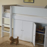 Cama alta 120 cm con escalera y barrera de seguridad, 90x200 cm, Blanco