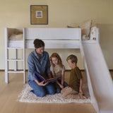 Cama alta 120 cm con tobogán, escalera y barrera de seguridad, 90x200 cm, Blanco