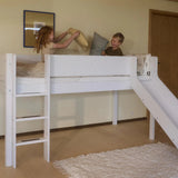 Cama alta 120 cm con tobogán, escalera y barrera de seguridad, 90x200 cm, Blanco
