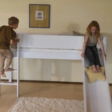 Cama alta 120 cm con tobogán, escalera y barrera de seguridad, 90x200 cm, Blanco