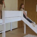 Cama alta 120 cm con tobogán, escalera y barrera de seguridad, 90x200 cm, Blanco