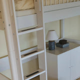 Cama alta 184 cm con escalera y barrera de seguridad, 90x200 cm, Blanco