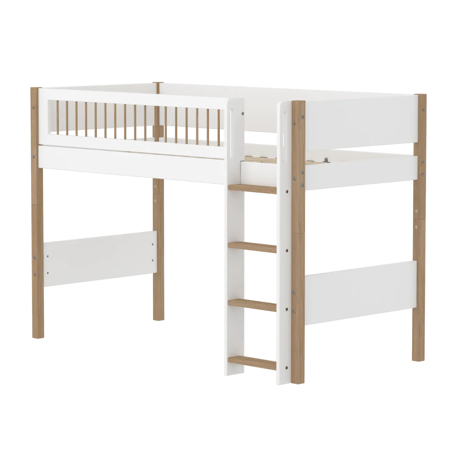 High Bed 143 cm with Ladder and Safety Rail, 90x200 cm, White/Oak SEMI_HIGH-BED semi-highsleeper-200x90-legs-crossbars-oak-str-ladder  flexa-com.myshopify.com