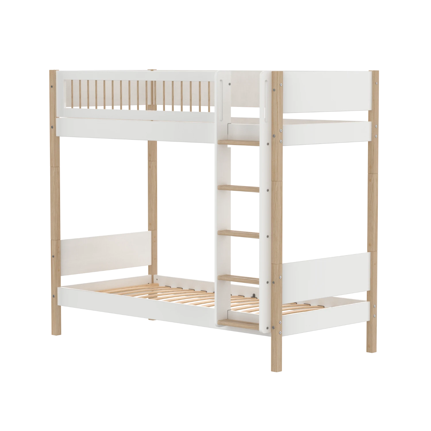 FLEXA Bunk Bed 184 cm with Straight Ladder and Crossbar Safety Rail, 90x200 cm, White/Oak