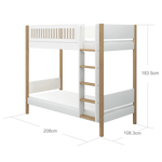 FLEXA Bunk Bed 184 cm with Straight Ladder and Crossbar Safety Rail, 90x200 cm, White/Oak, dimensions