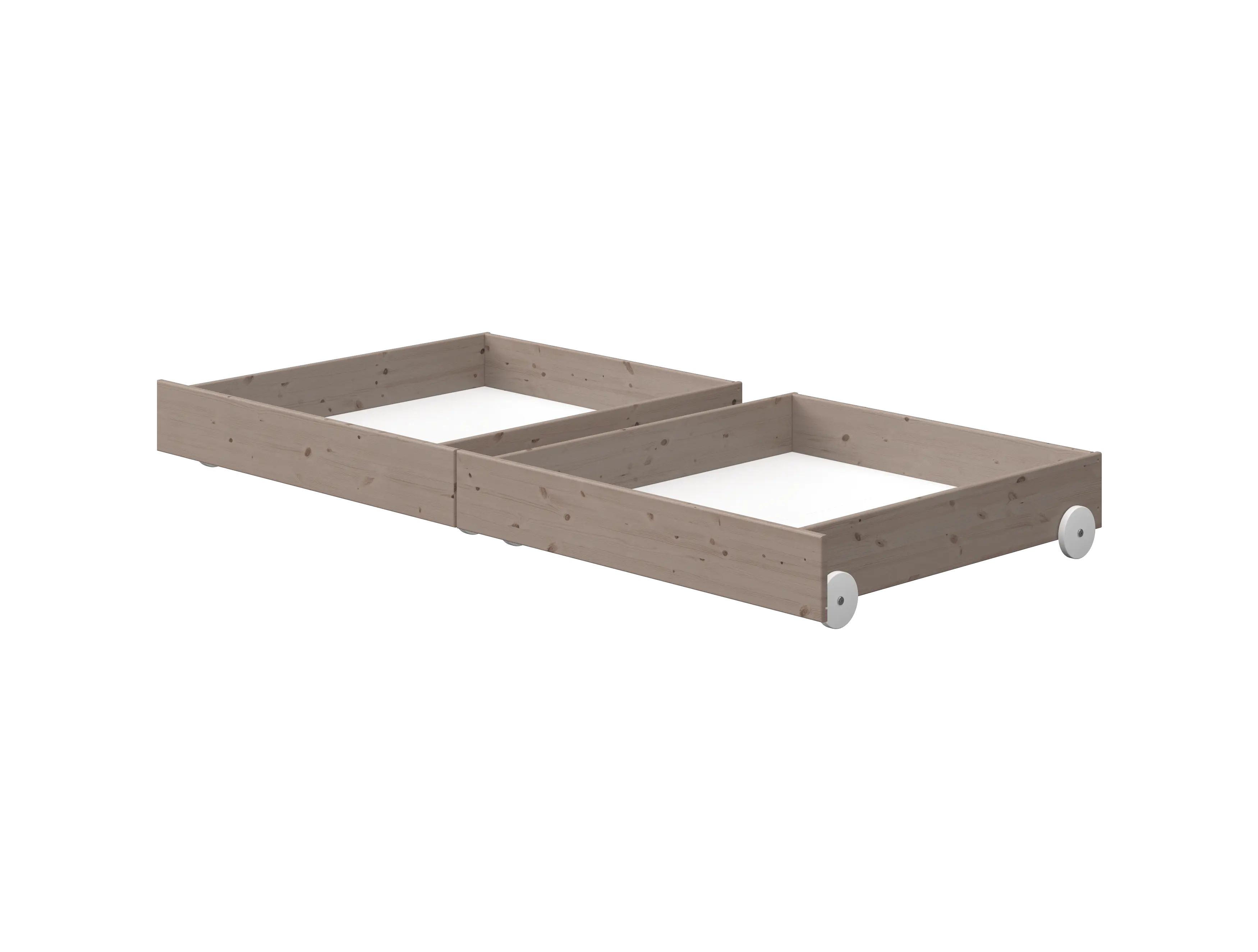 Cajones para cama FLEXA CLASSIC de pino con ruedas blancas, mostrados uno al lado del otro sobre un fondo blanco, con esquinas redondeadas para la seguridad de los niños.
