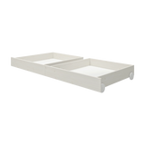 FLEXA WHITE pine underbed drawers on wheels for kids, paired beneath a single bed, child-safe with smooth edges.