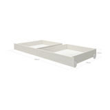 FLEXA-ladekasten van witgrenen met wieltjes voor onder het bed, hier afgebeeld in een kinderkamer, met afgeronde randen voor de veiligheid.