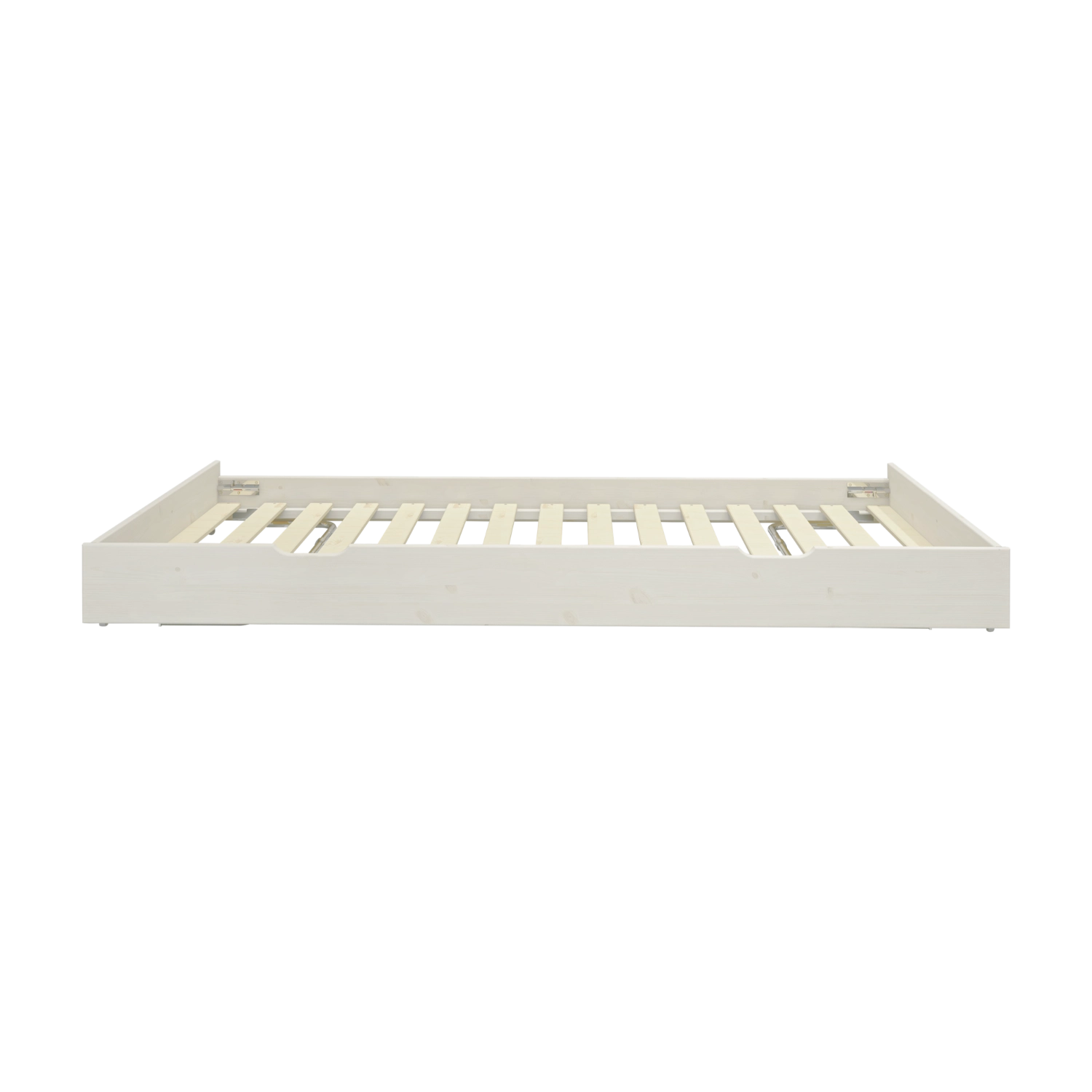 Cama extraíble FLEXA, madera blanca, 90 x 190 cm, vista frontal sobre fondo blanco. Se aprecian los bordes seguros para los niños.