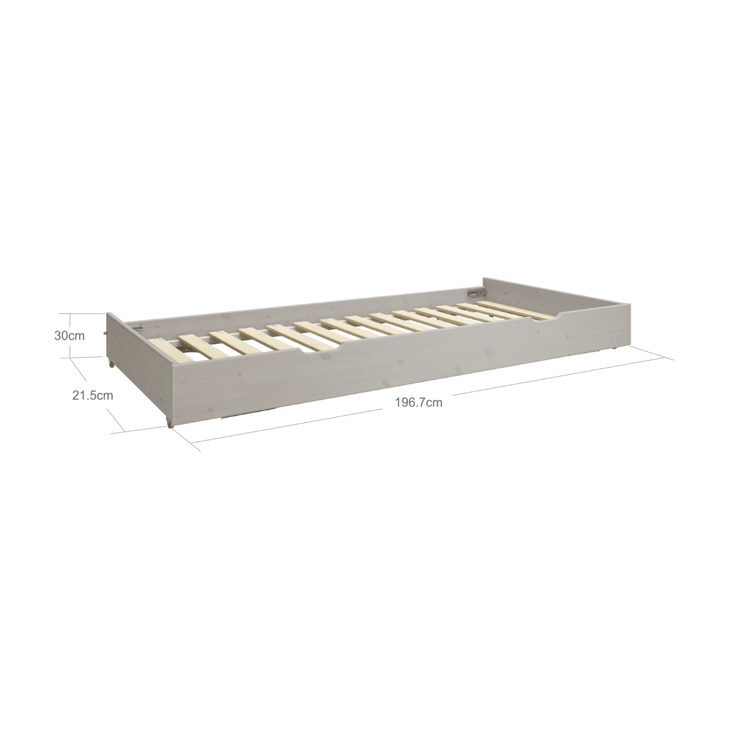 Estructura de cama nido FLEXA en color gris, con bordes redondeados visibles y seguros para los niños, mostrada sobre un fondo blanco liso.