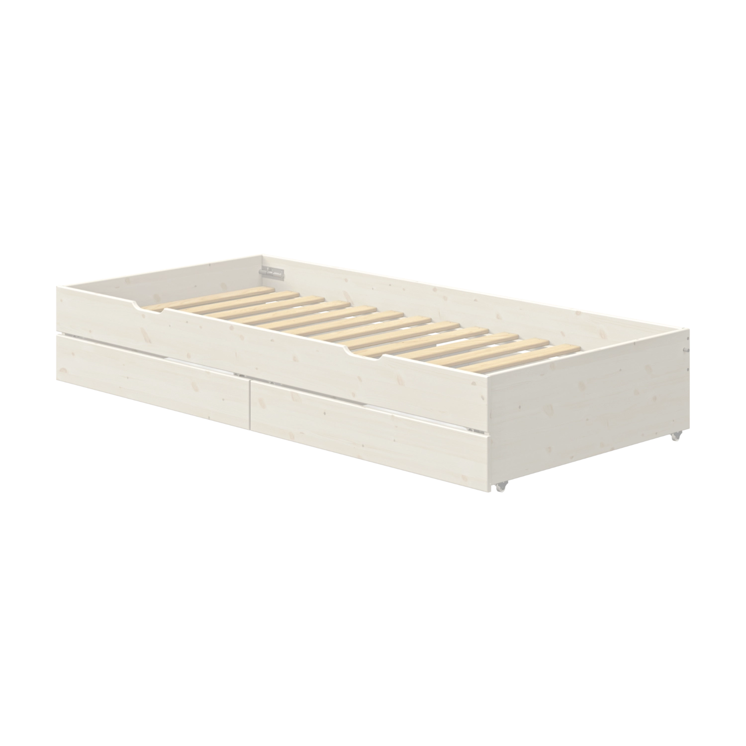 Cama nido FLEXA, BLANCA, con dos cajones y somier de listones de madera; diseño pensado para los niños, ideal para una habitación infantil.