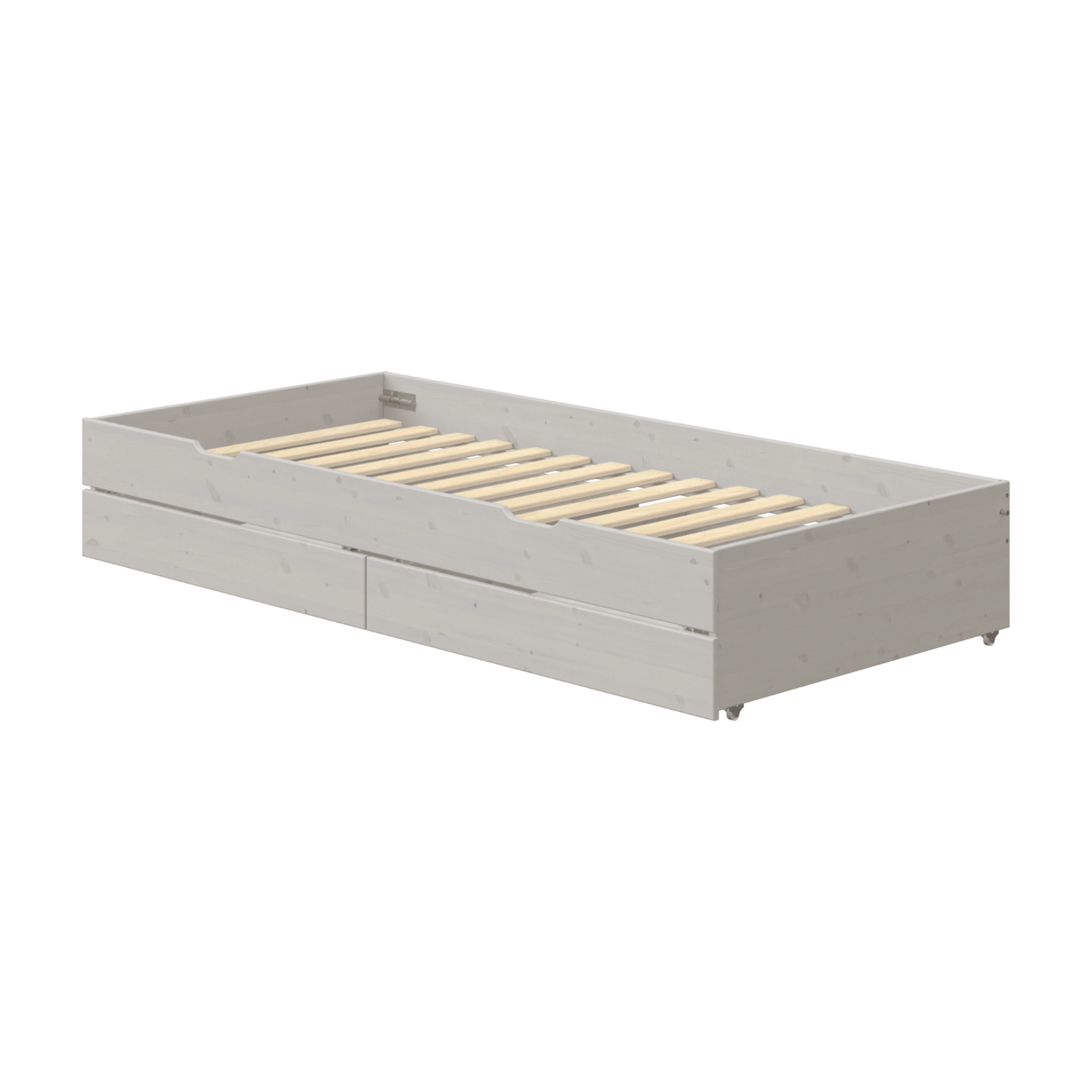 Cama extraíble gris FLEXA con cajones de la gama CLASSIC, con bordes seguros para los niños, sin colchón, sobre un fondo blanco.
