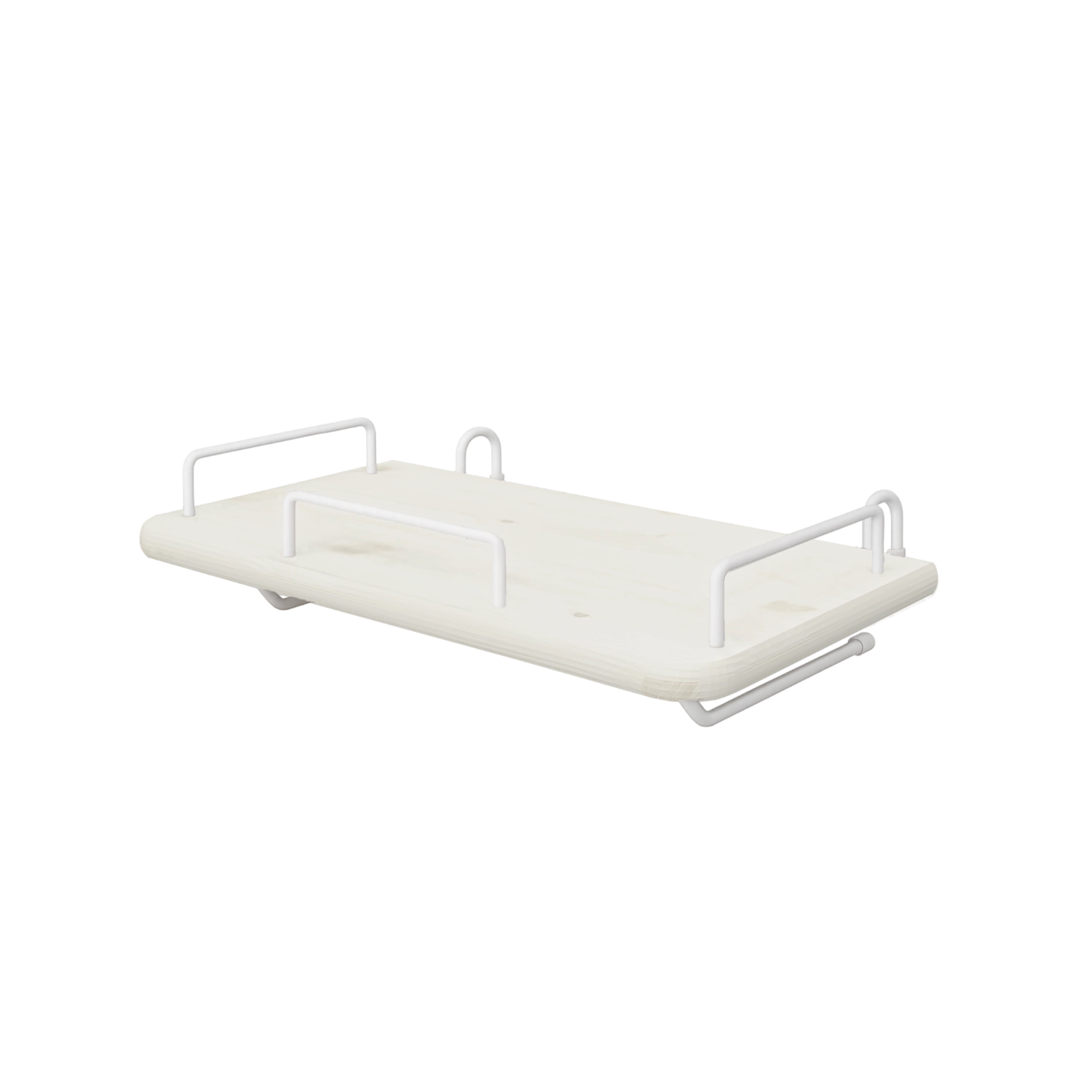 Mesita de noche FLEXA de la colección WHITE, de MDF de madera clara con soportes metálicos blancos, que se fija de forma segura junto a la cama.