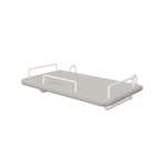 Bandeja de mesilla FLEXA de la colección GREY, de MDF gris con cuatro tiradores metálicos blancos y bordes seguros para los niños, junto a la cama.