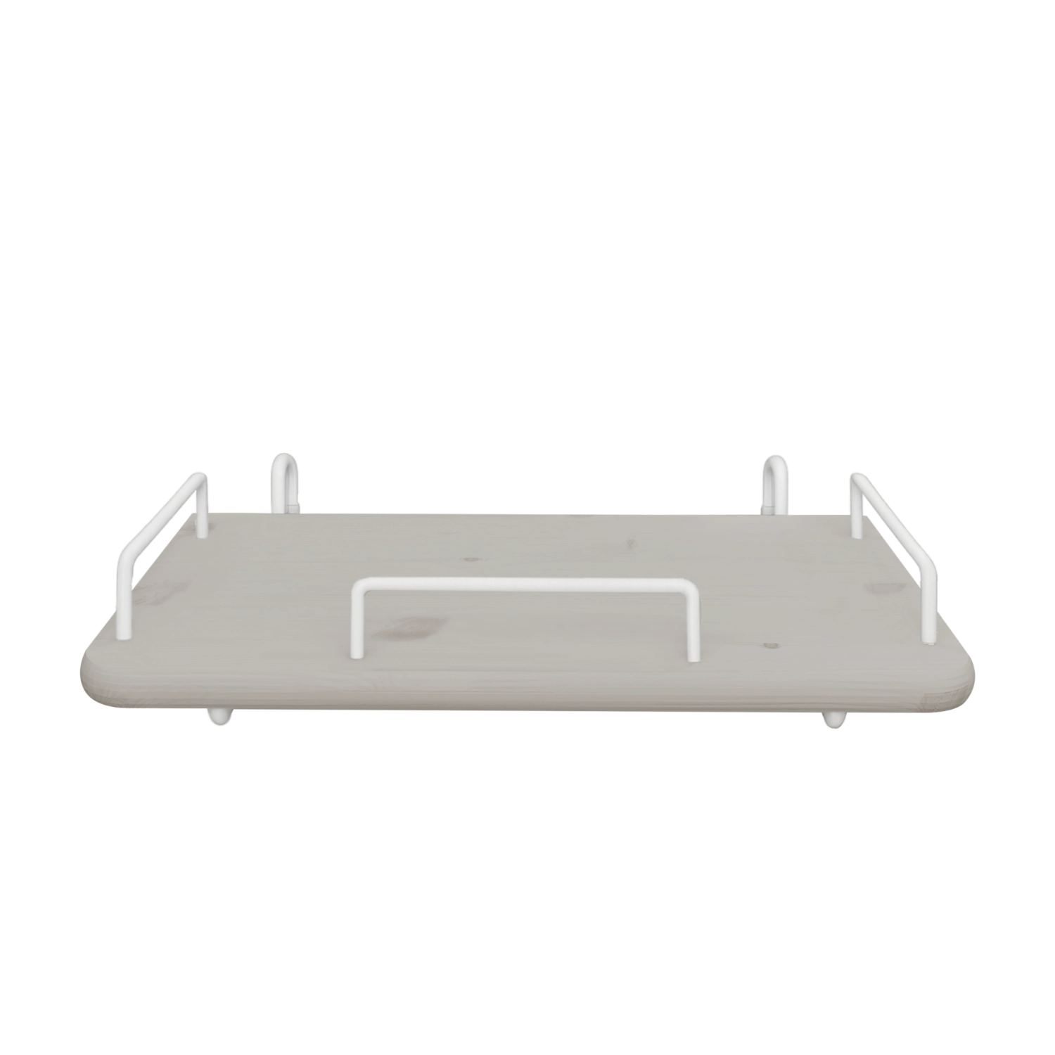 Mesita de noche FLEXA, de MDF gris con bordes redondeados y tiradores de metal blancos; diseño seguro para niños, ideal para el dormitorio.