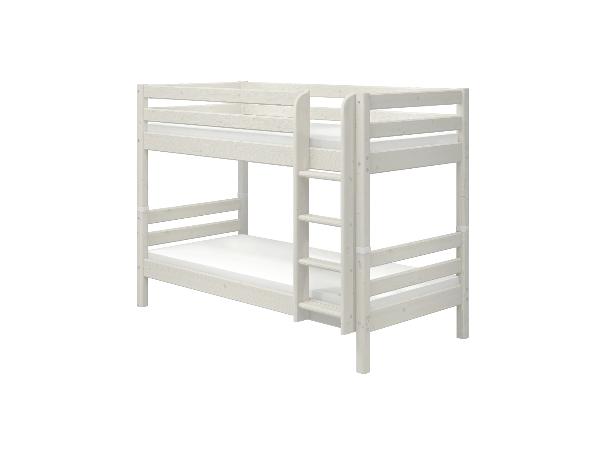 Litera blanca FLEXA de la colección CLASSIC, 154 cm, escalera a la derecha, barandilla de seguridad, en una habitación infantil, características visibles de seguridad para los niños.