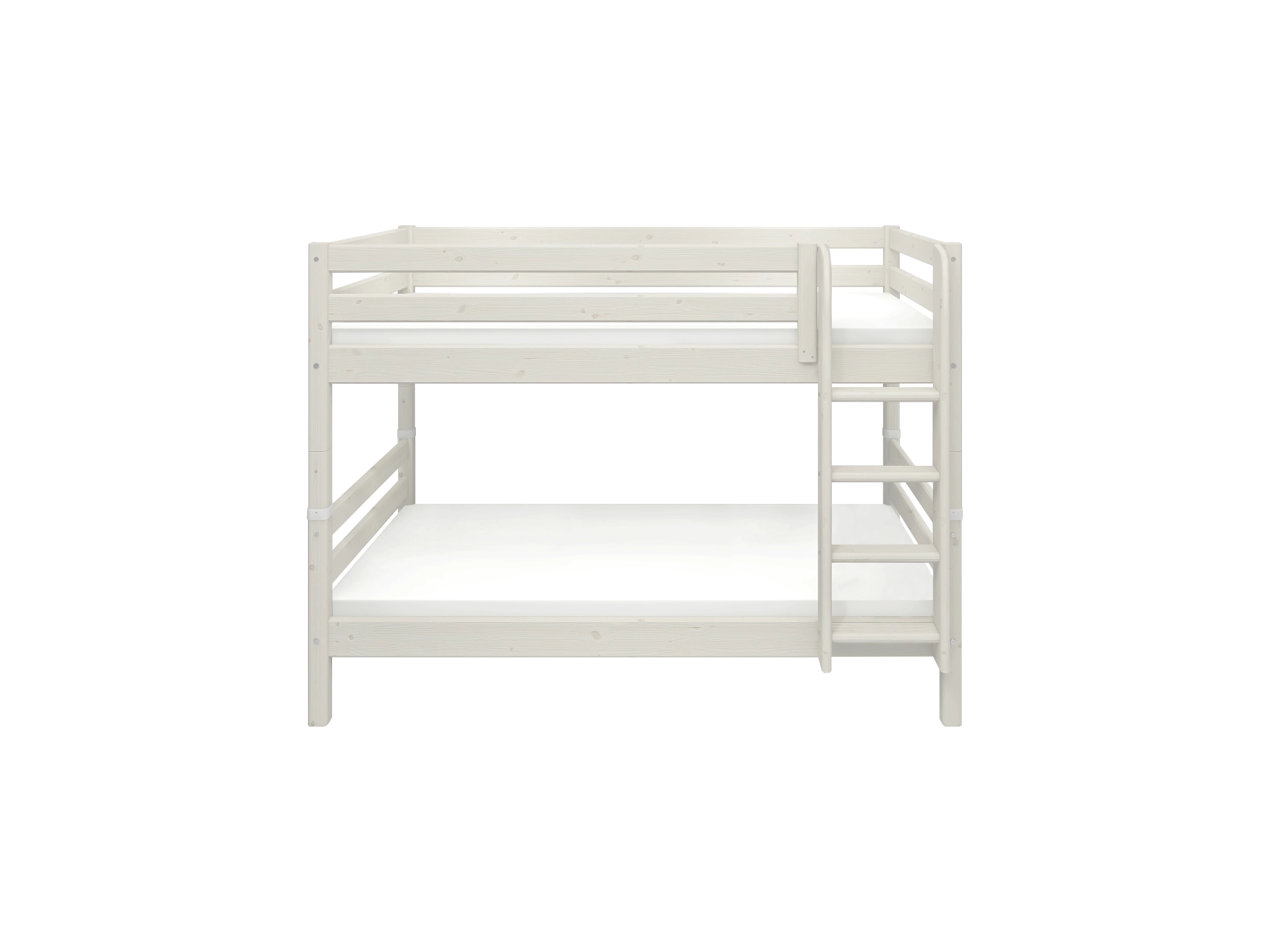FLEXA CLASSIC white pine bunk bed with right ladder and safety rail, child-safe, shown in a children’s bedroom.