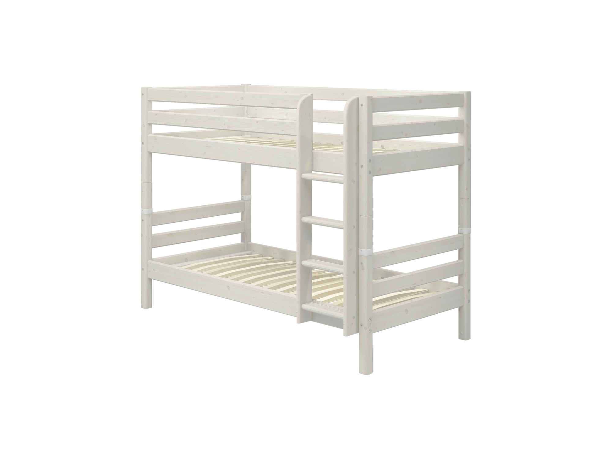 FLEXA WHITE bunk bed from CLASSIC collection in pine, 90x200 cm, ladder and safety rail visible in children’s room.