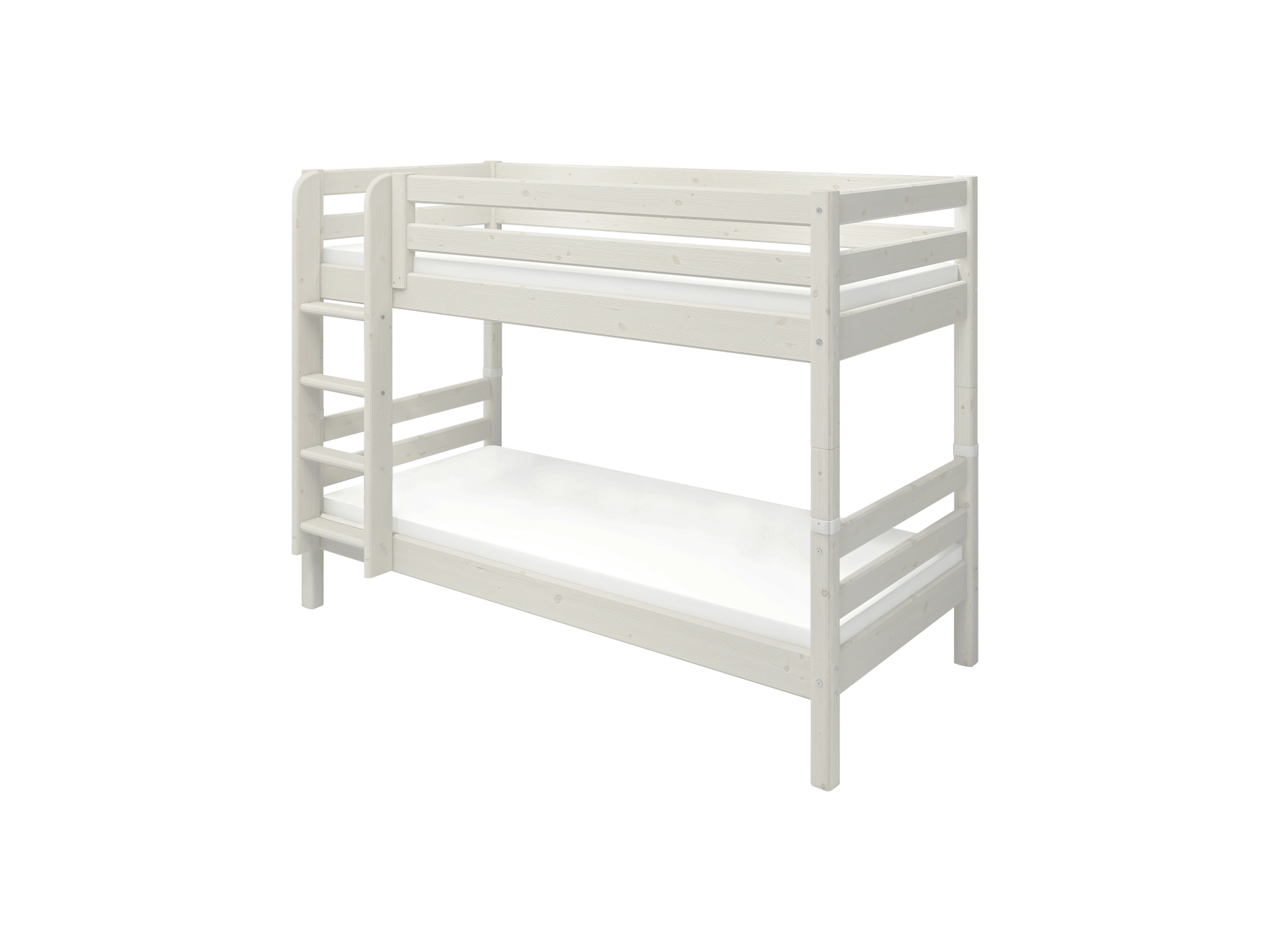 FLEXA white bunk bed from CLASSIC collection with ladder, safety rail, child-safe edges; shown on plain background.