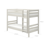 FLEXA CLASSIC white wooden bunk bed with ladder and safety rail, child-safe design, set against plain background.