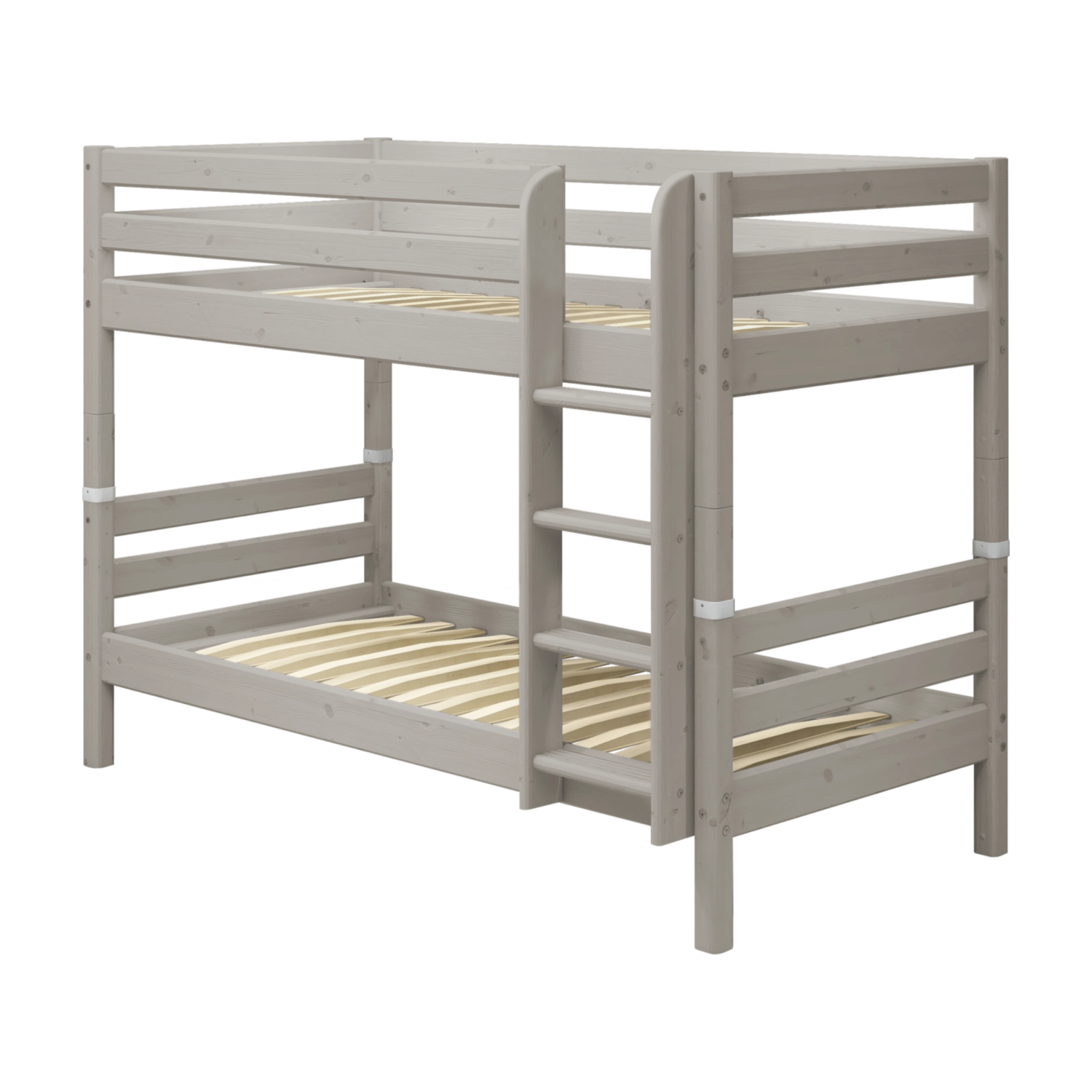 Escalera y patas para litera FLEXA Classic de pino gris, peldaños antideslizantes a la derecha, aptas para niños, para la habitación infantil.