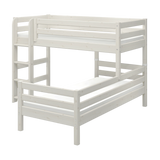 Litera FLEXA CLASSIC de pino blanco con escalera a la izquierda y barandilla de seguridad, diseño seguro para niños, ideal para el dormitorio infantil.