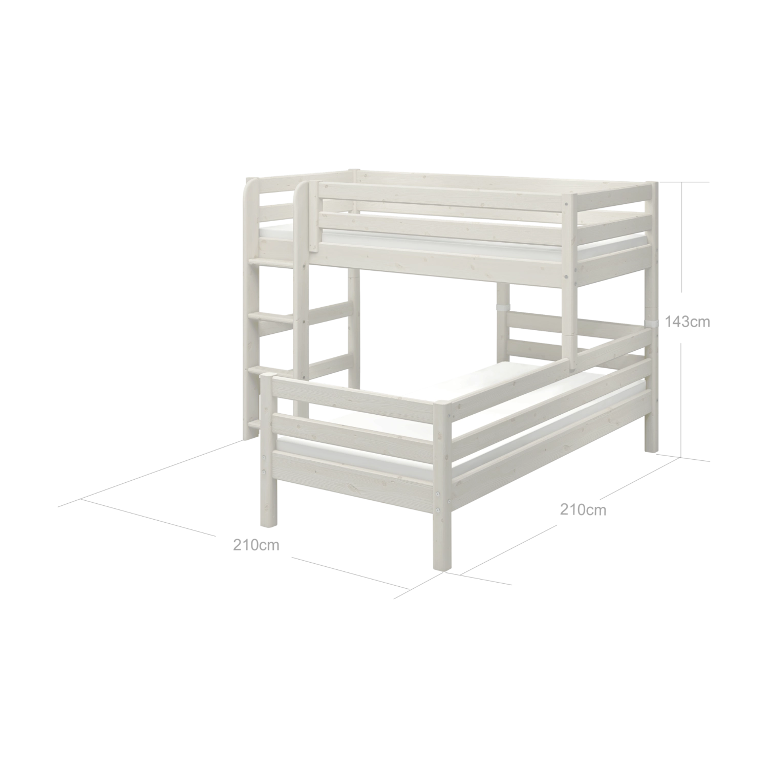 Litera FLEXA CLASSIC de pino blanco con escalera y barandillas, mostrada en una habitación infantil; se aprecia su diseño seguro para los niños.