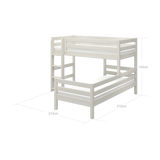 Litera FLEXA CLASSIC de pino blanco con escalera y barandillas, mostrada en una habitación infantil; se aprecia su diseño seguro para los niños.